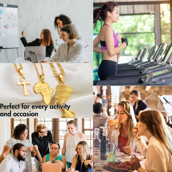 14k Gold Nefertiti Necklace with Ankh Africa Map Sterling Silver Chain Jewelry - Picture 6 of 7